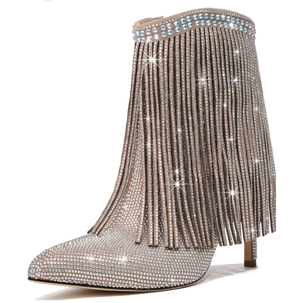 Ronilurn Tan Rhinestone Fringe Ankle Boots Pointed Toe Stiletto Size 8.5